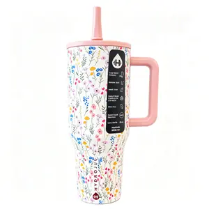 HydroJug 40oz Insulated Stainless Steel Tumbler Wildflower Floral Print Pink Handle Lid & Straw 18/8 Food Grade Steel Leak Proof Twist Lid Keeps Cold 24 Hours Cup Holder Friendly Non-Slip Rubber Base BPA Free Large Hydration Mug For Gym Travel Car Office