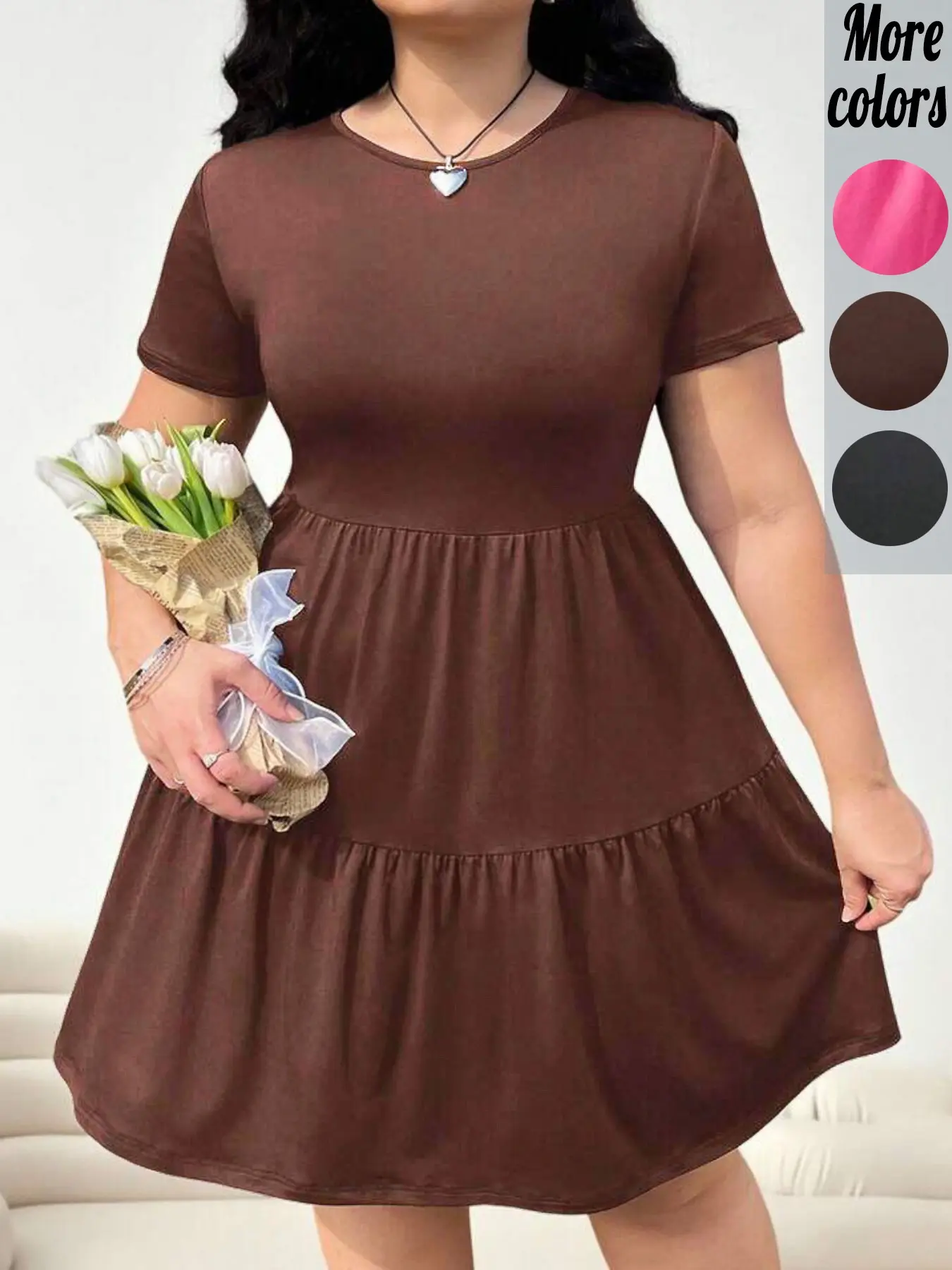 Plus‑Size 1 Piece Short Sleeve Crew Neck Tiered Ruffle Swing Mini Dress, Soft Breathable Fabric & Loose A‑Line Tiered Detail, For Curvy Women, Perfect for Brunch Dates, Picnic Outings & Casual Daily Wear, Women's Plus‑Size Summe, Womenswear
