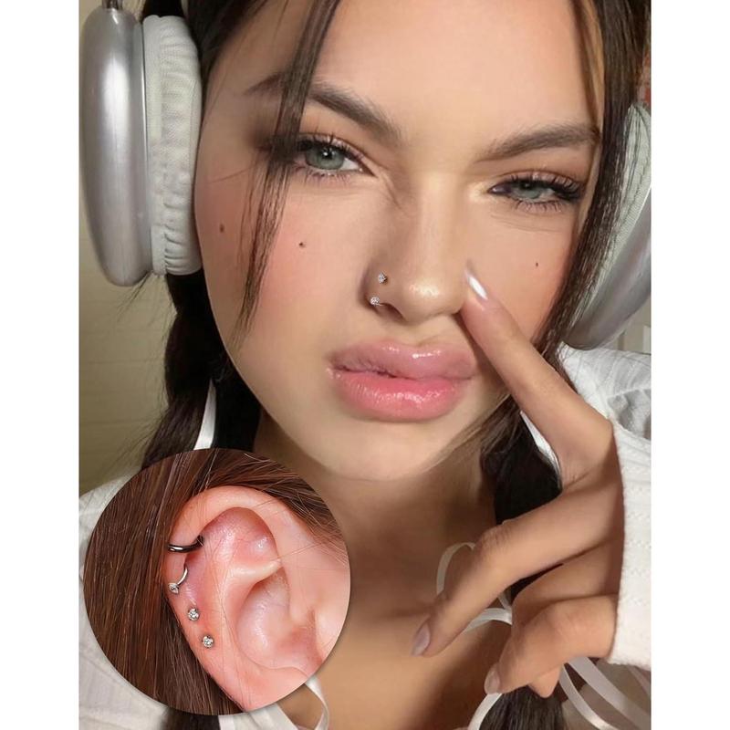 Horseshoe Nose Rings Studs, 20G Internally Threaded Nose Rings For Women, 316L Surgical Steel Double Cubic Zirconia Nose Studs, Lip Eyebrow Helix Ear Piercing Jewelry