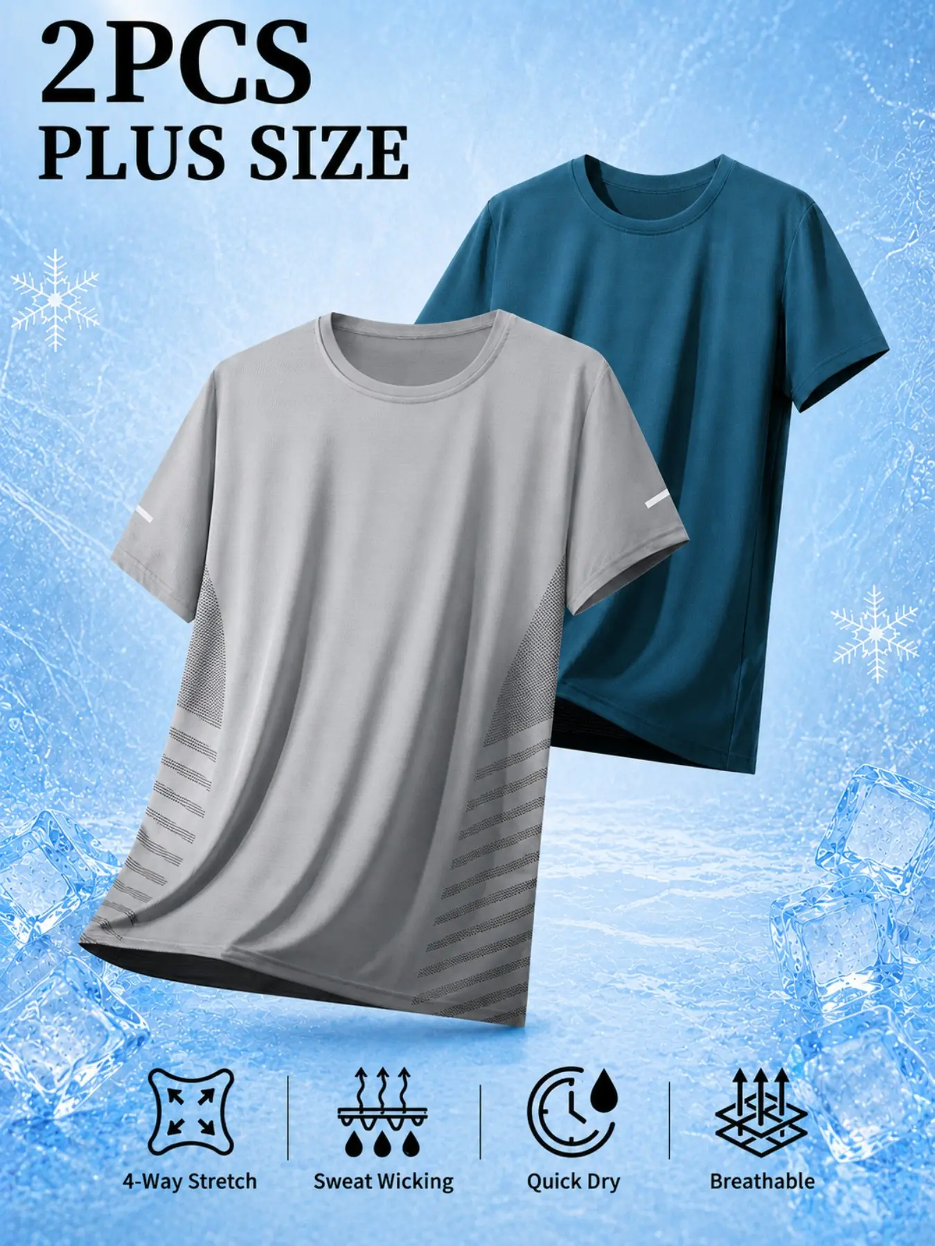 2pcs Men's Plus Size Sporty Short Sleeve T-Shirts, Breathable Moisture-Wicking, High Stretch Comfort, Ideal for Fitness & Outdoor Activities, Dry Fit Tees