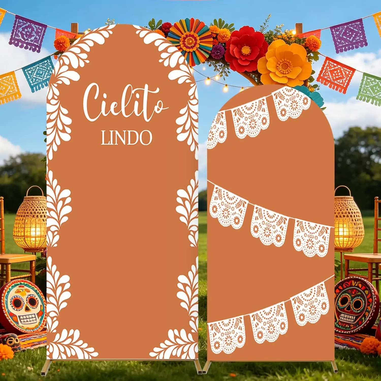 2 count Large Mexican Arch Backdrop Cover 7.2FT 6FT |  Shower Photo Background Decor Backdrop Stand Cover for Mexican Talavera Wedding Bridal Fiesta Party Decoration