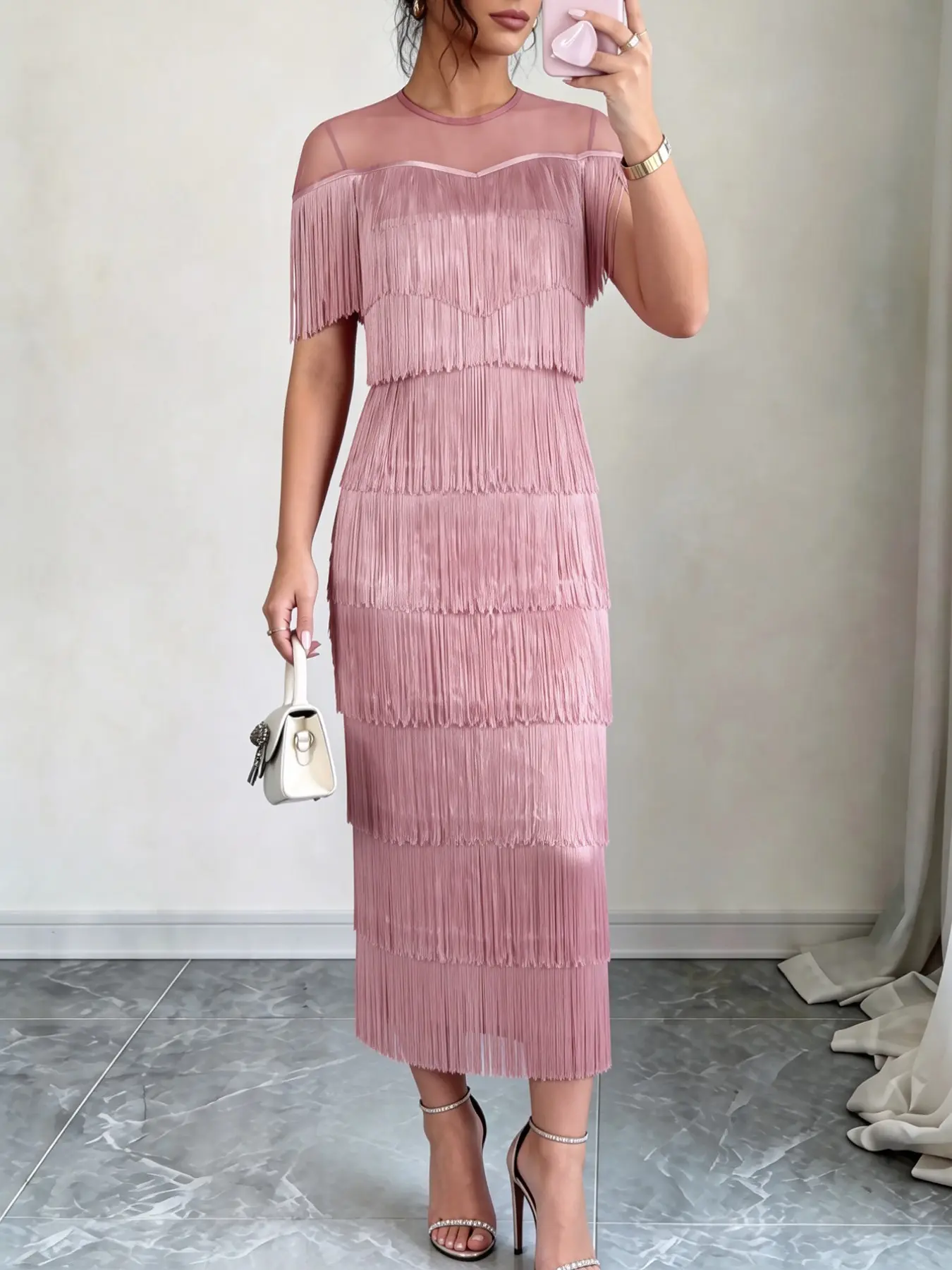 AOMEI DRESS Elegant Women's Tassel Patchwork Mesh Sheer Bodycon Party Long Dress, Perfect for Celebrations, Balls, and Formal Events