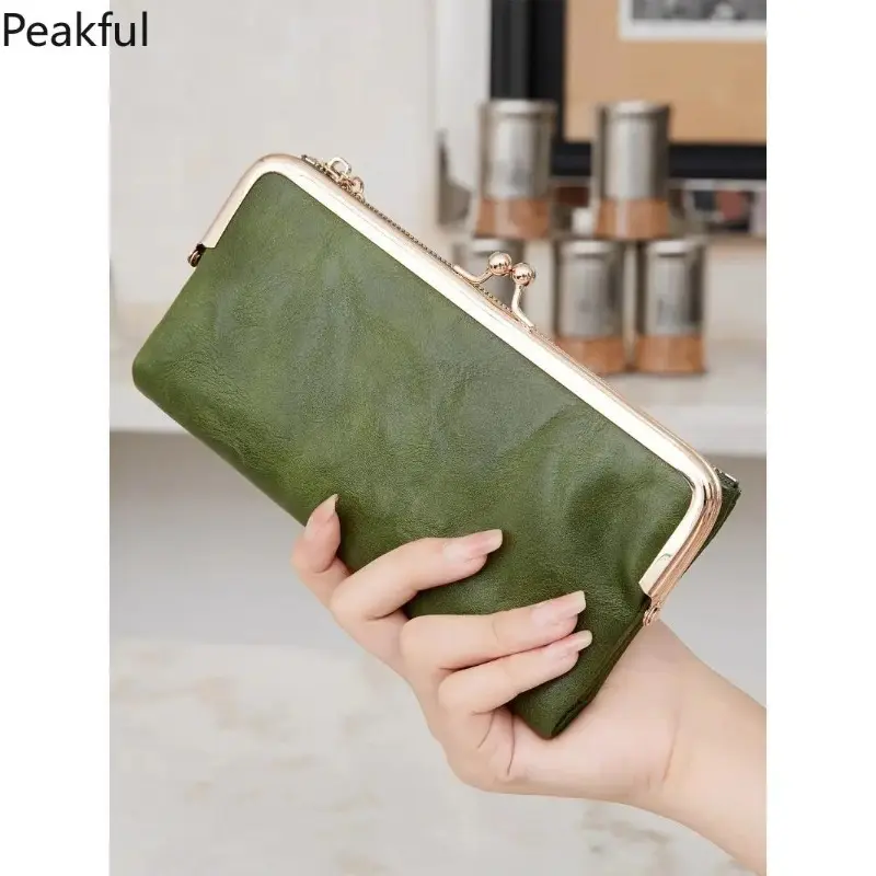 Vintage Kiss Lock Long Women Wallet, Solid Color Minimalist Double Fold Zipper Purse, Large‑Capacity Multifunctional Handbag