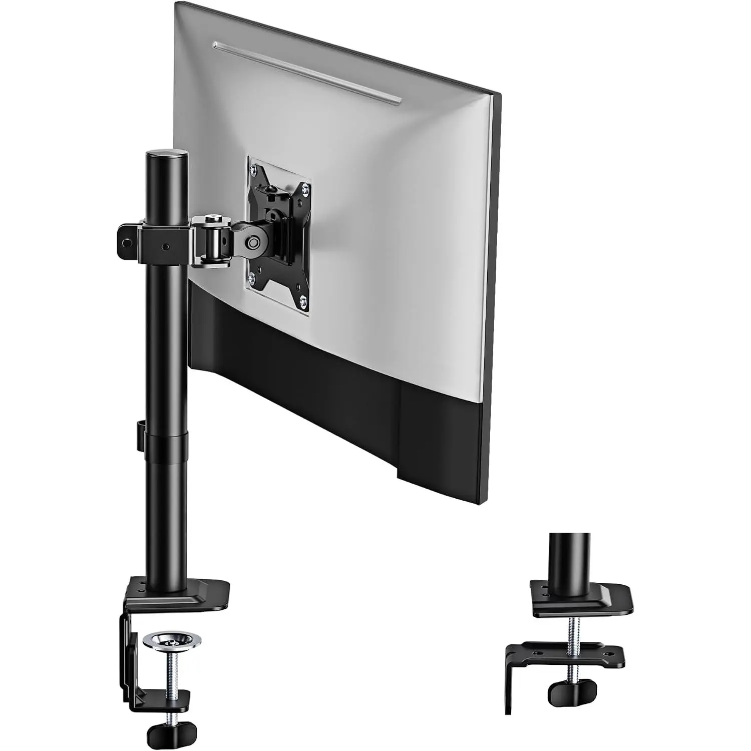 Single  Stand for 17-32" Screens, 22 lbs | Single-screen desk mount, height adjustment, tilt, swivel, rotation, clamp/grommet bases and VESA 75/100