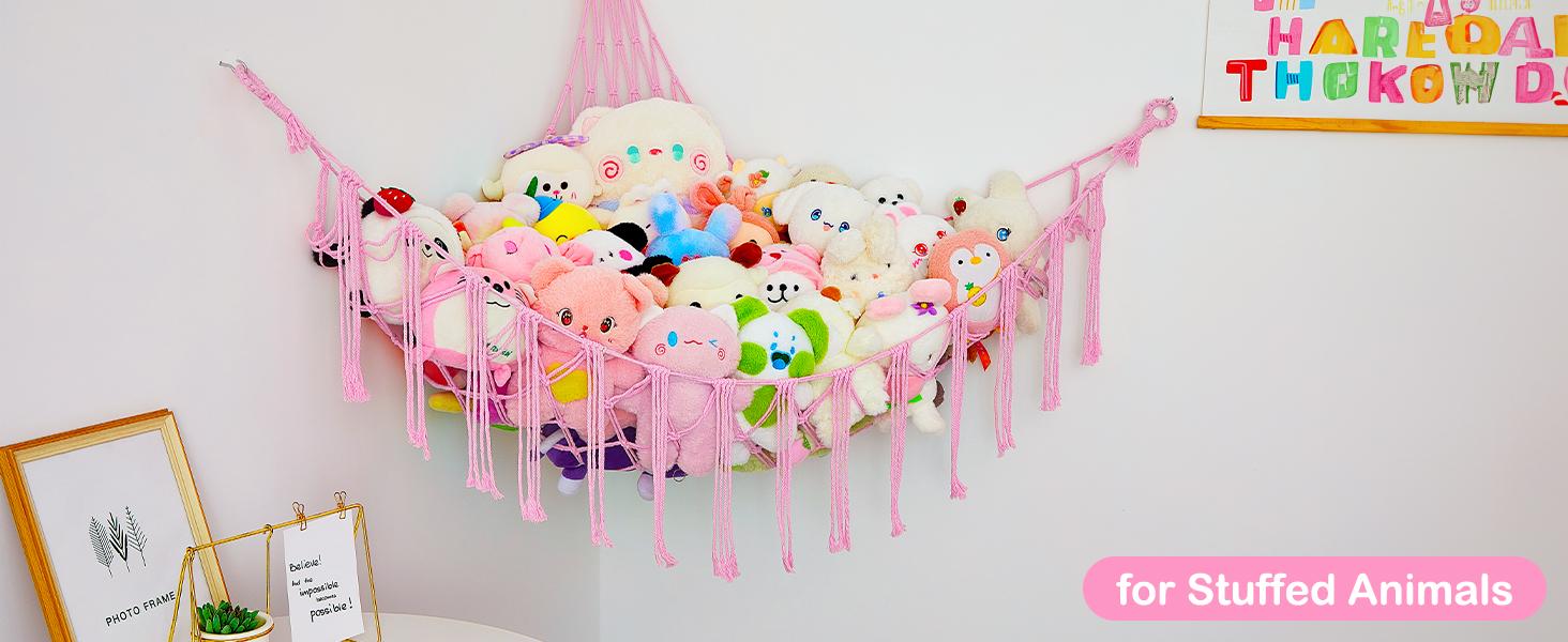 Basumee Stuffed Animals Net or Hammock with LED Light, Hanging Stuffed Animals Storage Toy Hammock Net Corner Wall Girls Room Decor Toy Storage Organizer, Pink, XL