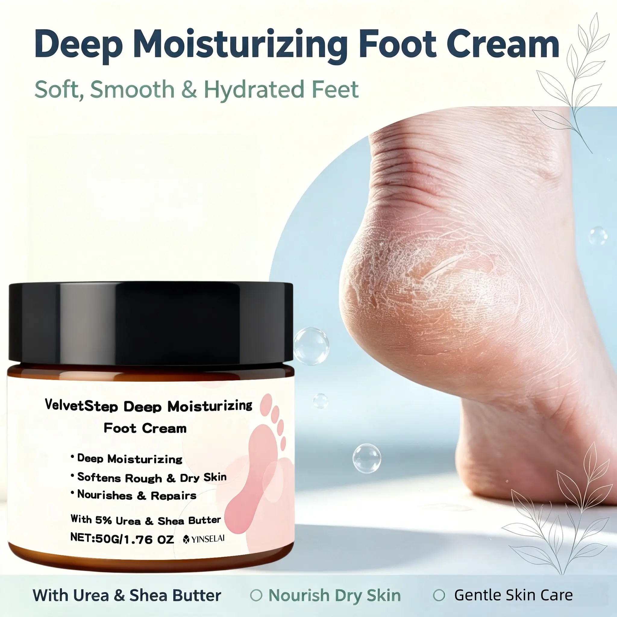 Deep Moisturizing Foot Cream with 5% Urea & Shea Butter, Softens Rough Skin, Relieves Dryness, Vegan Formula for Smooth Heels