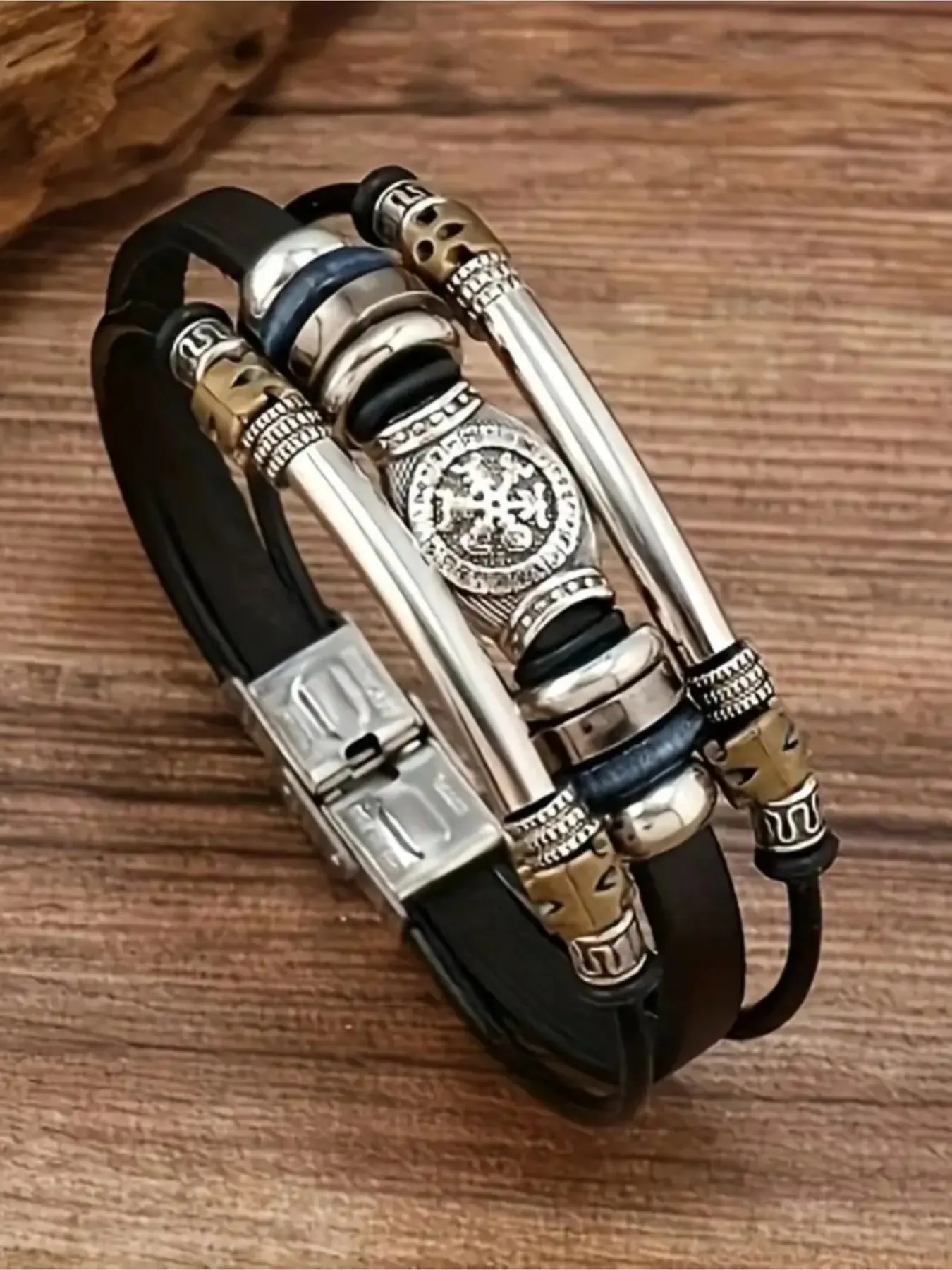 1 Pc Vintage Viking Style Leather-Look Bracelet Wristband, New Creative Men's Jewelry, Perfect Gift for Best Friend, Couple Gift, Casual Fashion Accessory