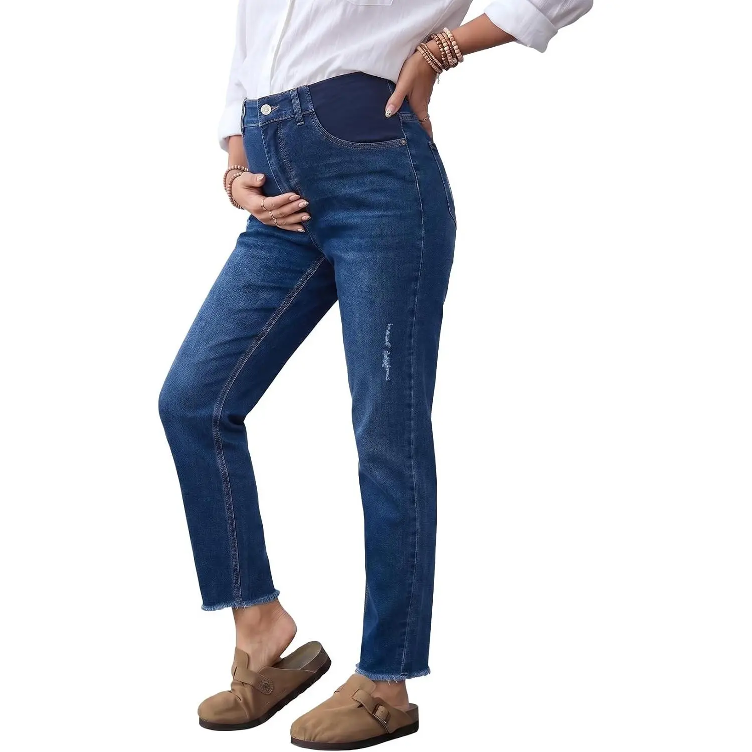 Maternity Jeans for Women Stretchy High Waist Pregnancy Denim Pants | Elastic Waist Side Panel,Back Pockets,Raw Hem,Destroyed Ripped,Slim Fitted,Fall Winter Pregnancy Clothes Postpartum Outfits