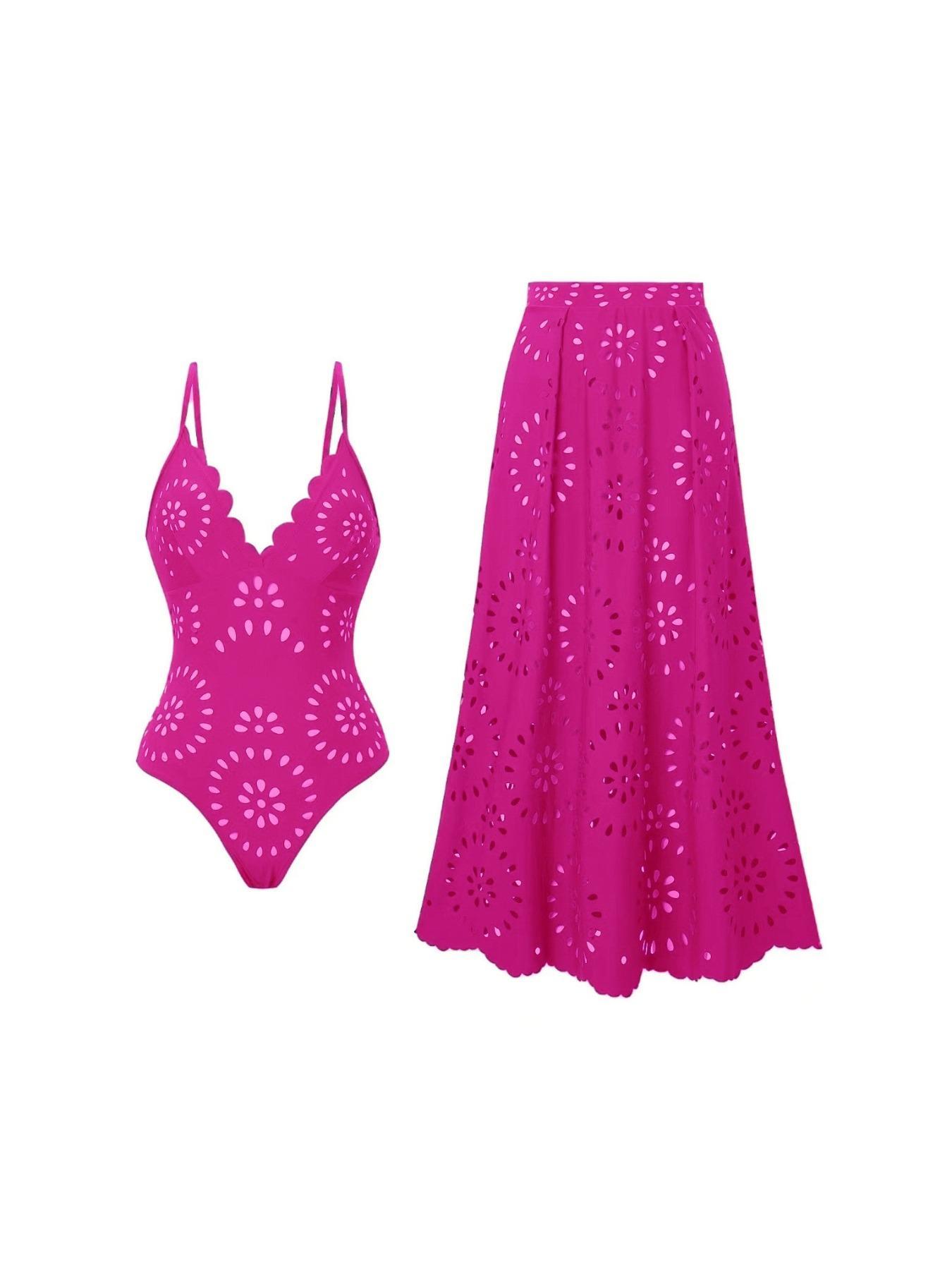 Women's Sexy Laser Cut Hollow Lace One-Piece Swimsuit Set, Slimming Beach Vacation Two-Piece Swimwear with Skirt, Casual Fitted Design