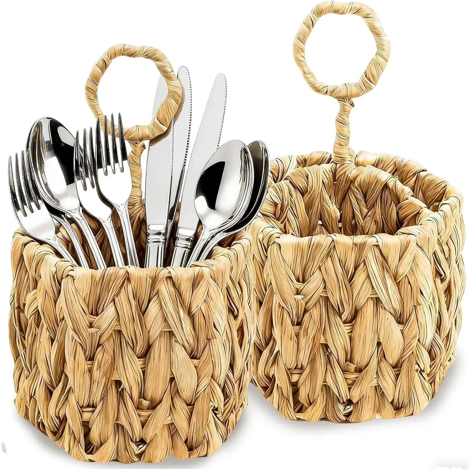 2 Pack Woven Silverware Caddy with Handle, Natural Water Hyacinth Flatware Holder Organizer with 3 Compartments, Wicker Utensil Basket Cutlery for Kitchen Countertop, Picnic, Party, Hexagon