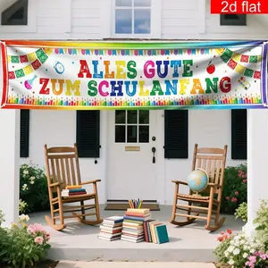 2D Flat Banner, German Back-To-School Theme Courtyard Banner, Polyester Material, Colorful Pencil Clock Background, Outdoor Garden Decor, Party Gift