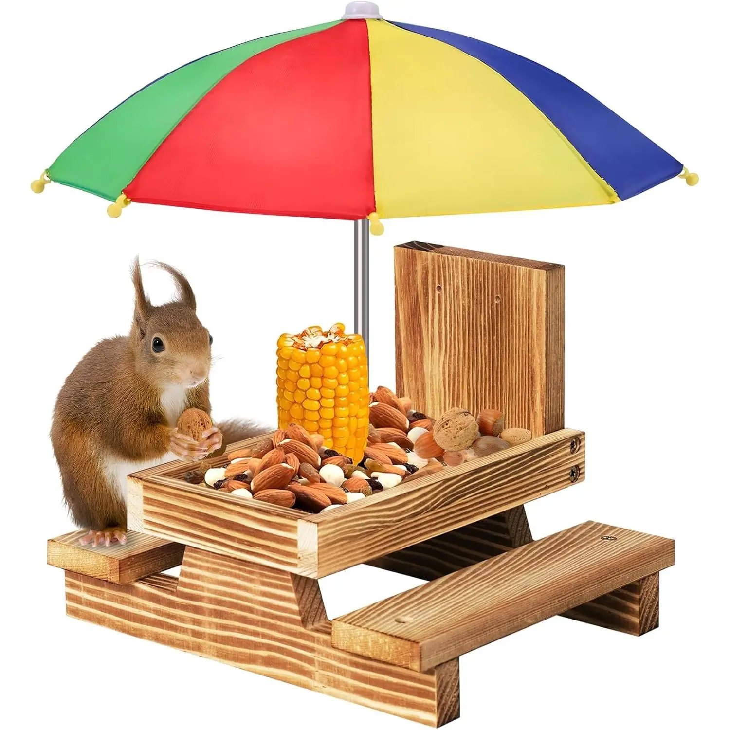 Squirrel Feeder with Umbrella, Squirrel Feeders for Outside, Squirrel Picnic Table Feeder - Chipmunk Feeder Hold Corn, Corn Cob, Peanuts