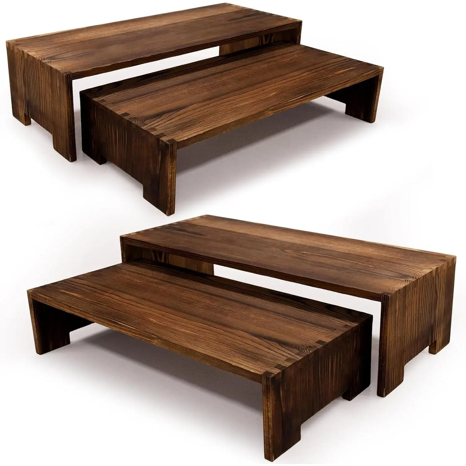 4Pcs Large Wood Display Risers, 2 Sets 2-Tier Rectangular Cupcake Dessert Stands, Brown Decorative Perfume Display Racks for Vendors Events