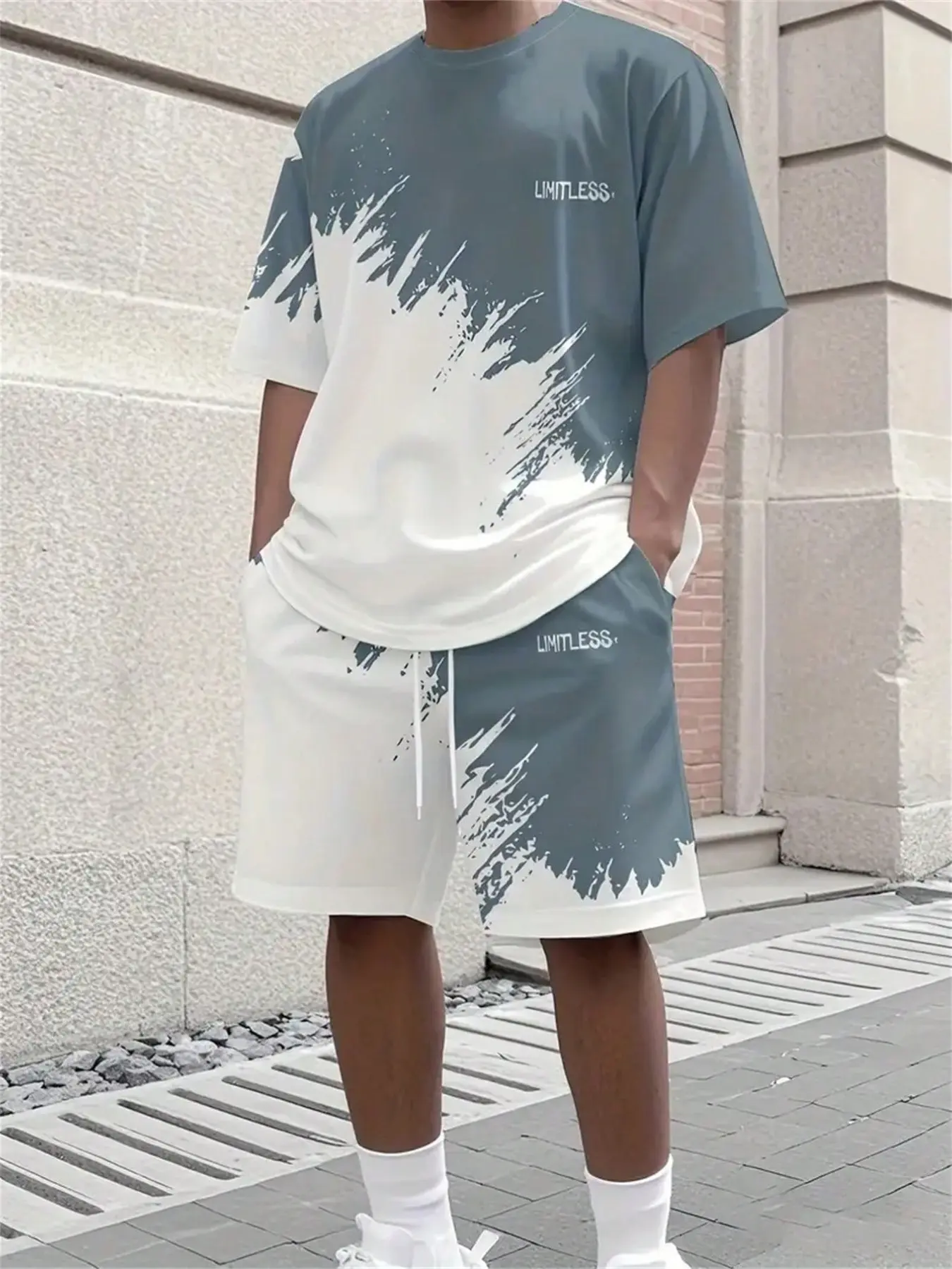 Men's Fashion Speckled 3D Print Casual Sports Set, Breathable Polyester Knit Fabric, Round Neck Short Sleeve Tee and Shorts, All Seasons
