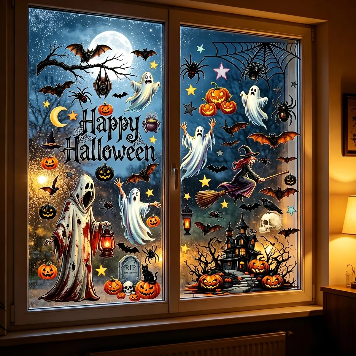 69pcs Halloween Window Clings, 9 Sheets Reusable Static Cling Decals, Ghosts, Witch, Pumpkin, Bats, Spider Webs, Home Party Decor