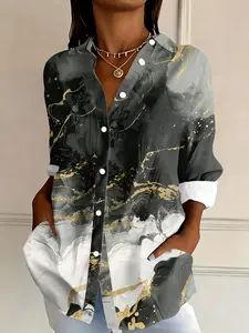 Women's Gold Marble Print Shirt, Long Sleeve Notched Collar Single Button Loose Fit Top, High-End Casual Blouse