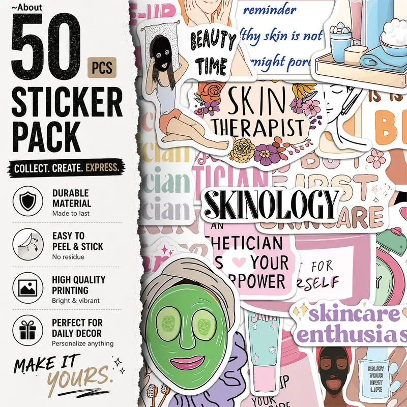 50PCS Skincare Beauty Aesthetic Vinyl Decorative Stickers Pack for Laptop Water Bottle Phone Case Skateboard Journal Scrapbook DIY Decoration