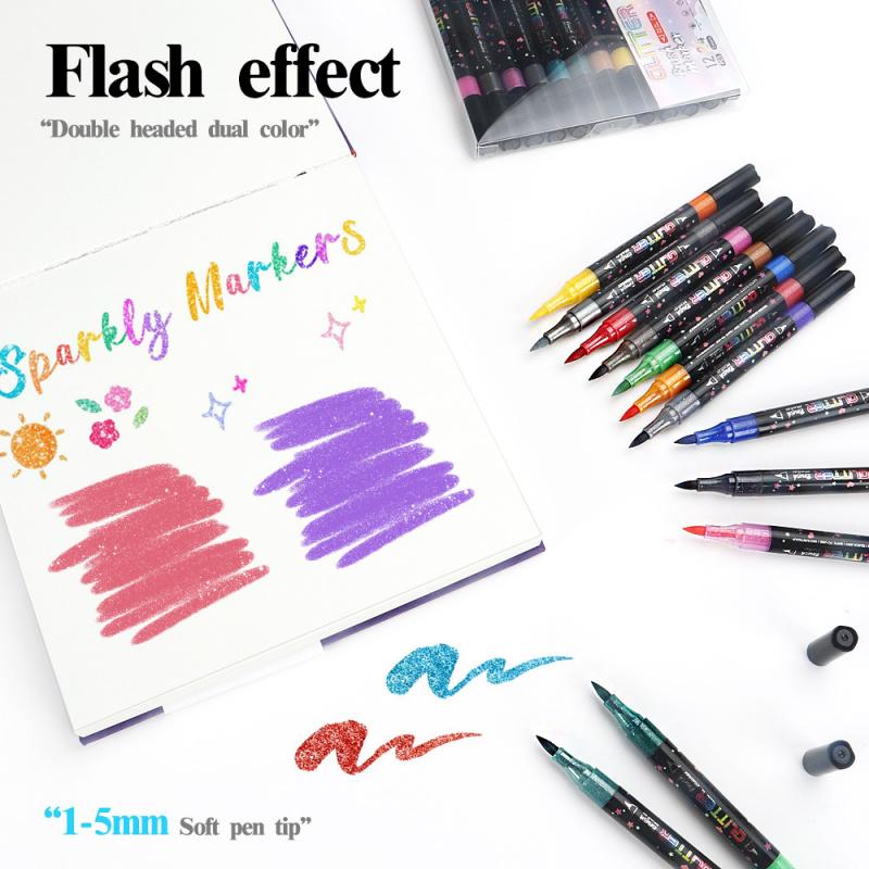 24/48 Colors Glitter Brush Markers,Dual Tip Dual Color Brush Glitter Marker for Doodle Writing, Glitter Art Crafts Adults DIY Crafts Greeting Birthday Cards Making