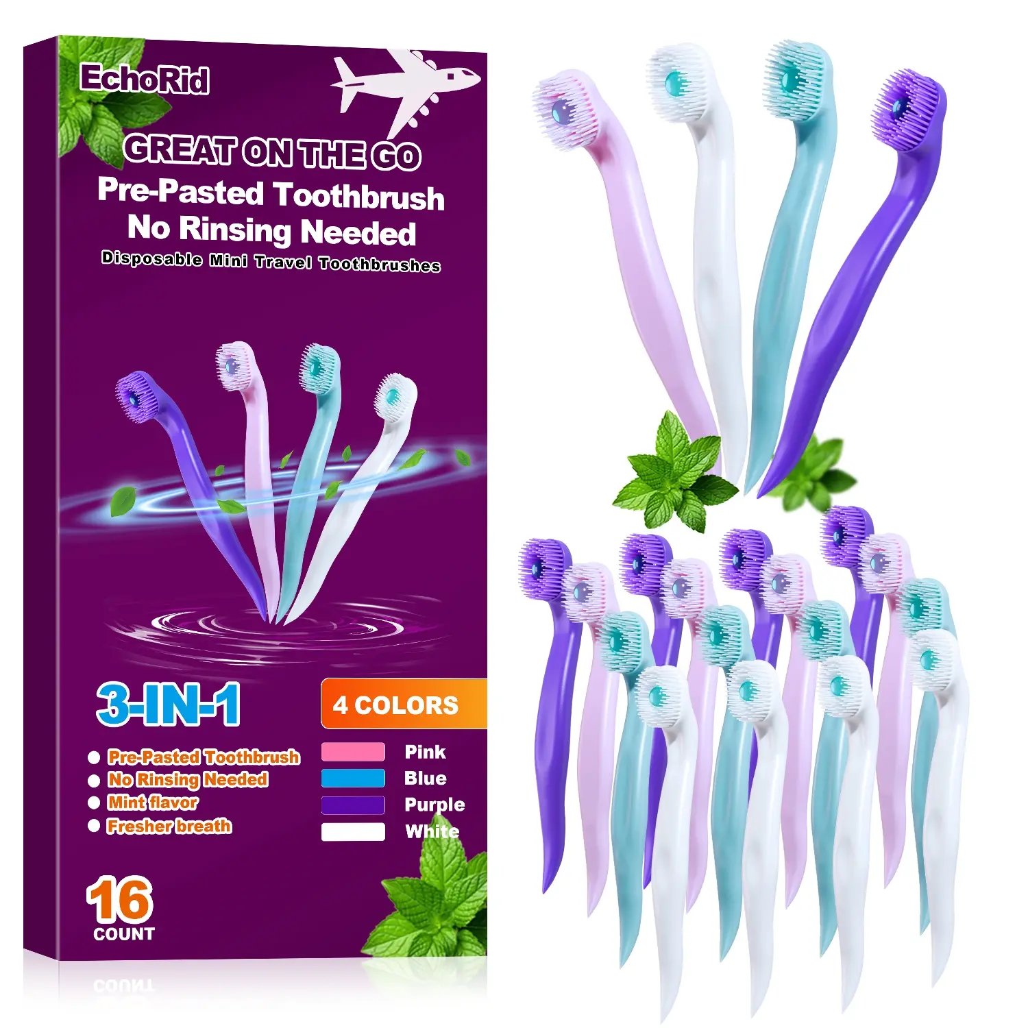 3-In-1 Toothbrush Set, 16 Disposable Mini Travel Brushes, Soft Bristles, Ready-To-Use Oral Care Tools, No Rinse Mint Fresh Breath, 4 Colors