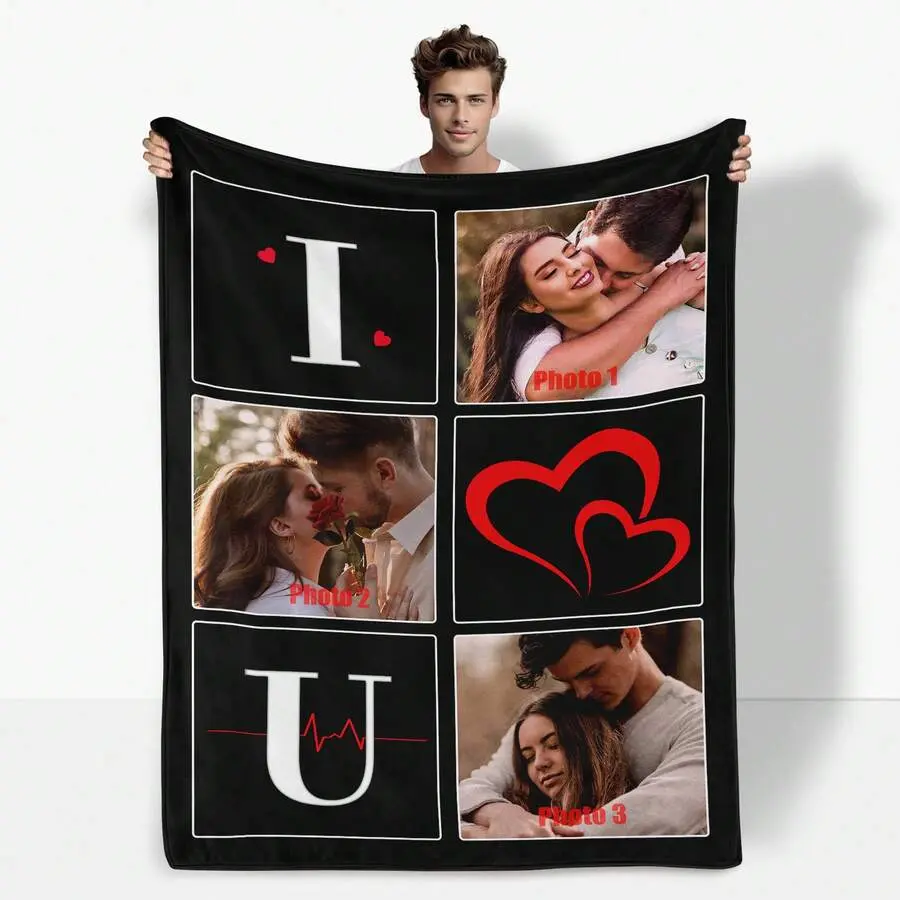 Personalized Photo Collage Throw Blanket, Custom Multiple Pictures Flannel Blanket, I Love You Heart Design Romantic Keepsake Gift for Couple, Decor Sofa Blanket