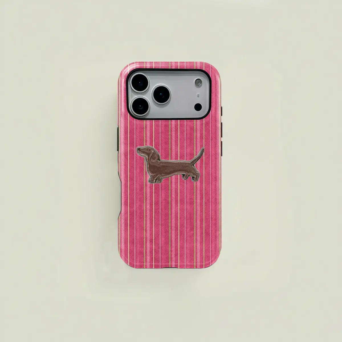 Cute pink striped cartoon dachshund design double-layer protective case, sturdy and durable 2-in-1 case, compatible with iPhone 17/16/15/14/13/12/11 Pro Max/Plus/Pro, and Samsung GalaxyS25/S24/S23 Ultra/Plus series. Simple and stylish phone case.
