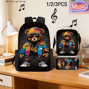 1pc/2pcs/3pcs Trendy Cartoon Bear Backpack, 2D Flat Printing, Large Capacity Lightweight Design Backpack, Stylish Backpack Suitable for Casual Gatherings, Cycling, Short Trips, Back to School, Carrying Small Items, Perfect Gift