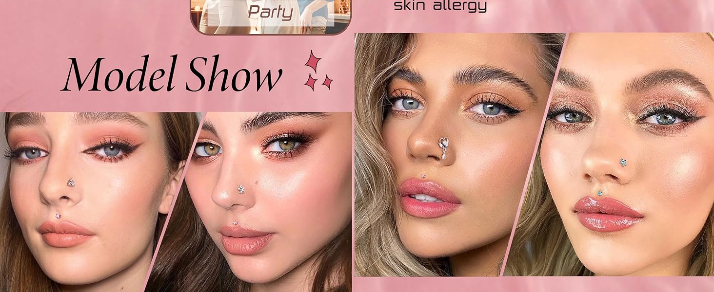 Trendy Summer Nose Rings L Shaped  Hypoallergenic Stainless Steel Nose Ring-Dangle CZ Butterfly Flower Nose Studs Hoops Piercings Jewelry Gift for Women Men 20G Pink/Blue/Clear