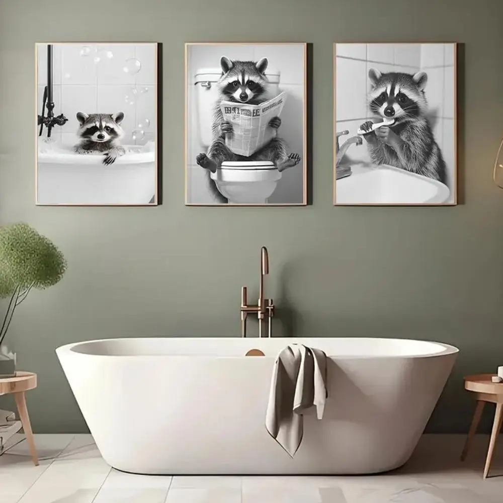 3 Pieces Funny Toilet Raccoon Bathroom Art, Cute B&W Animal Wall Mural, Wacky Home Art, Witty Gallery Decor, Monochrome Painting, Wall Decor for Restroom, Bathroom and Kids Room, Framed or Unframed.