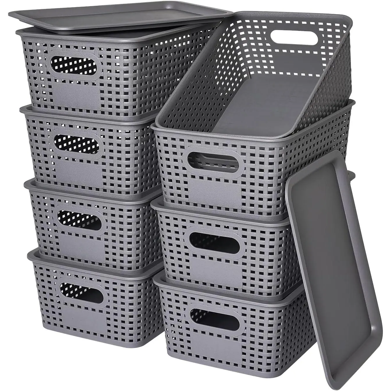 8 Pack Plastic Storage Baskets with  for Organization | Stackable Storage bins, Storages Baskets for Organizing Shelves Drawers Desktop Closet Playroom Classroom Office, Gray