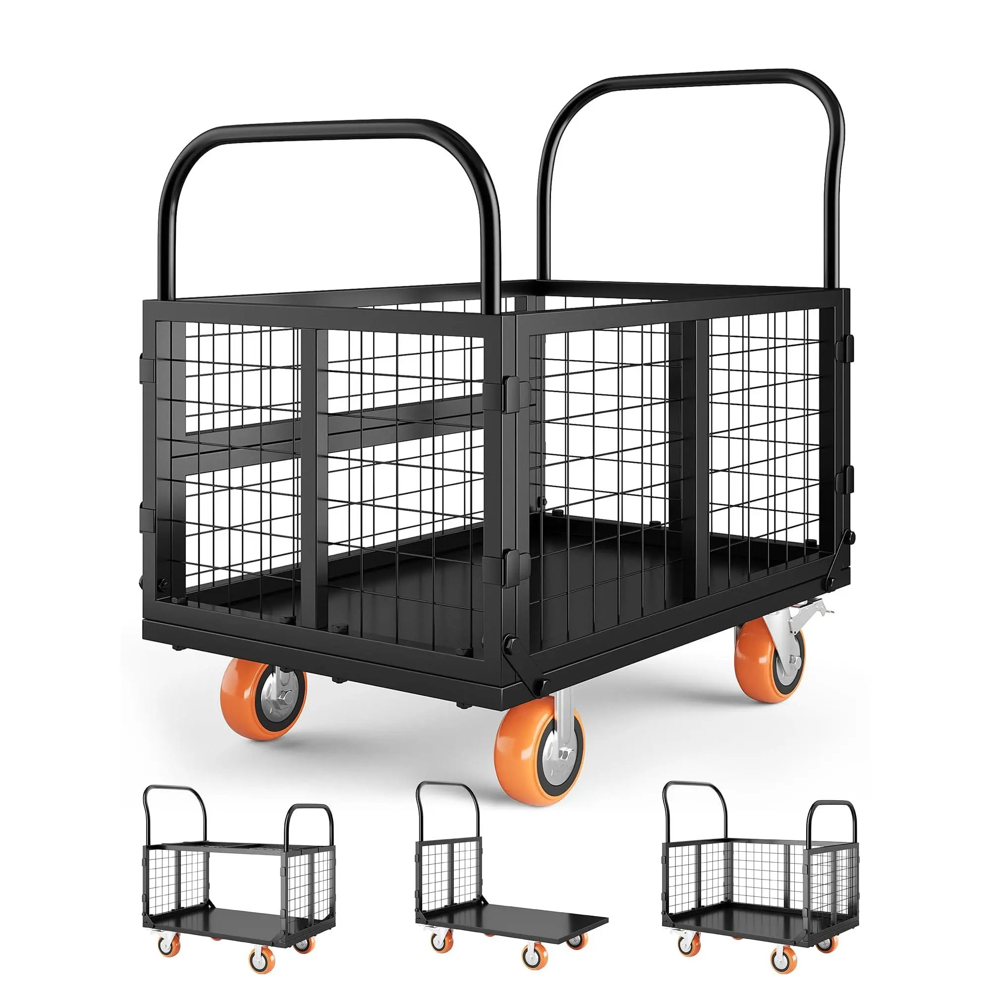 Garvee 6-in-1 Heavy Duty Platform Truck Cart – Collapsible Flatbed Dolly with Cage, 1800LBS Capacity, Push Hand Dolly, 4 Casters (2 Locking), Ideal for Grocery, Laundry, Garage, Warehouse – Red+Black