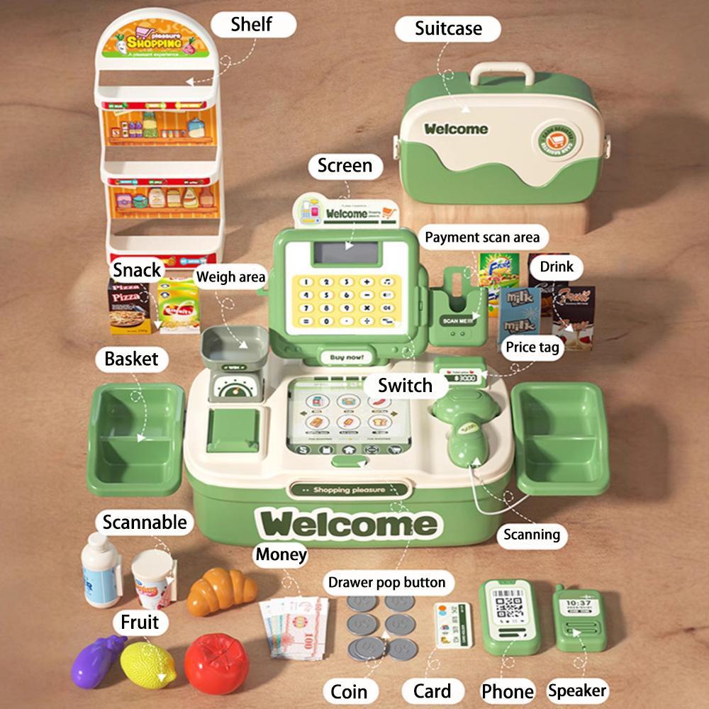 Simulation Cash Register Toy, Supermarket Cash Register Toy with Scanner & Coin & Bank Card & Food, Pretend Play Toy for Kids