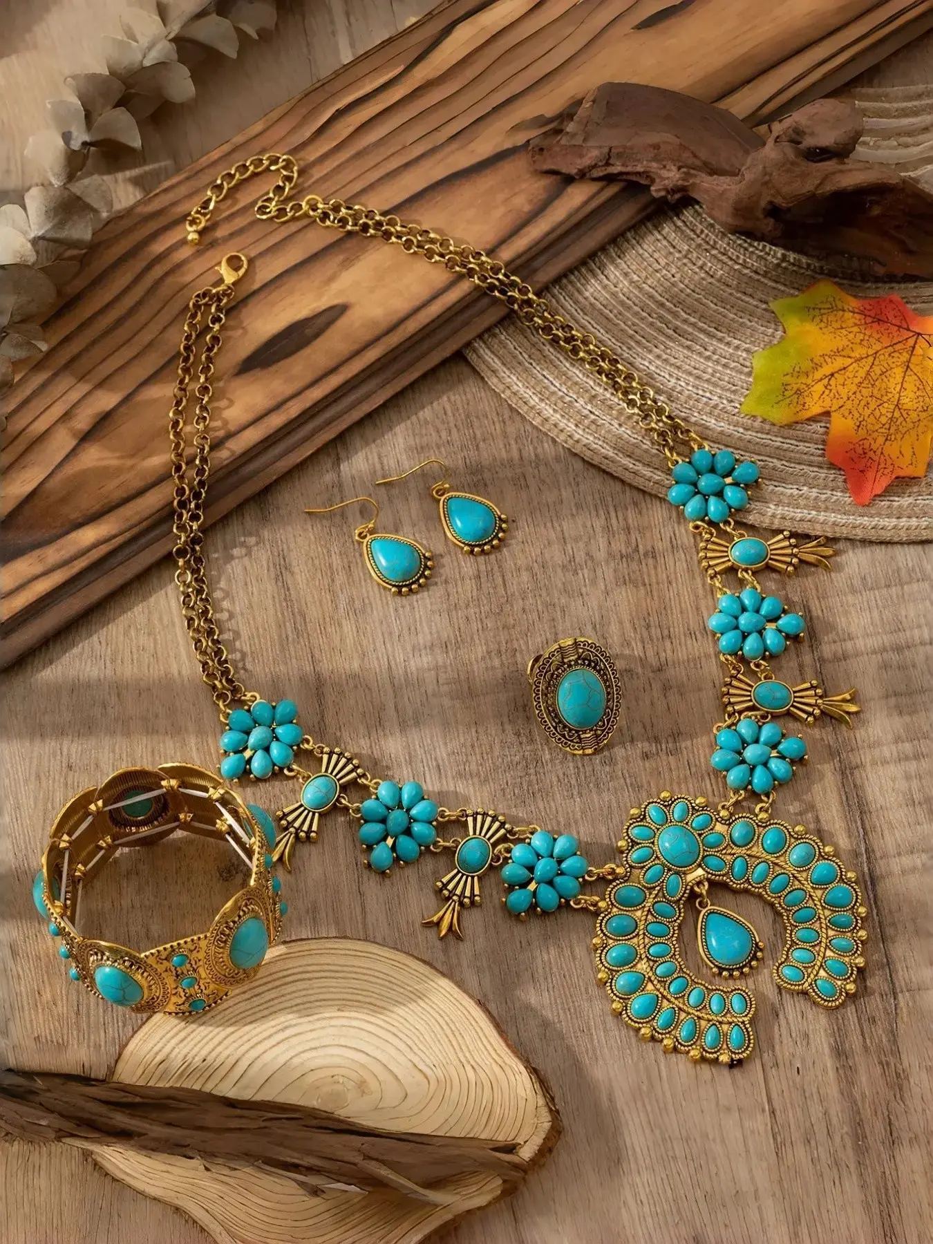 Western Bohemian Turquoise Teardrop Matching Boho Jewelry Set for Women - 4Pcs Vintage Cowgirl Squash Blossom Necklace, Cuff Bangle, Ring & Dangle Earrings Accessory Kit
