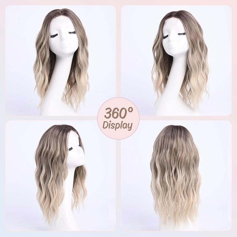 Ombre Blonde Ash Wavy Wigs  Hair Medium Length for Women Natural Looking Heat Resistant Dark Roots for Party Daily Use (Blonde,18 Inch)