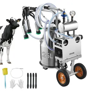 【DealsForYouDays】VEVOR Electric Cow Milking Machine, 6.6 Gal/ 25 L 304 Stainless Steel Bucket, Food-Grade Teat Cups and Silicone Hose, Strong Suction, Vacuum Pulsation, Electric Milker Machine with Wheels for Cow