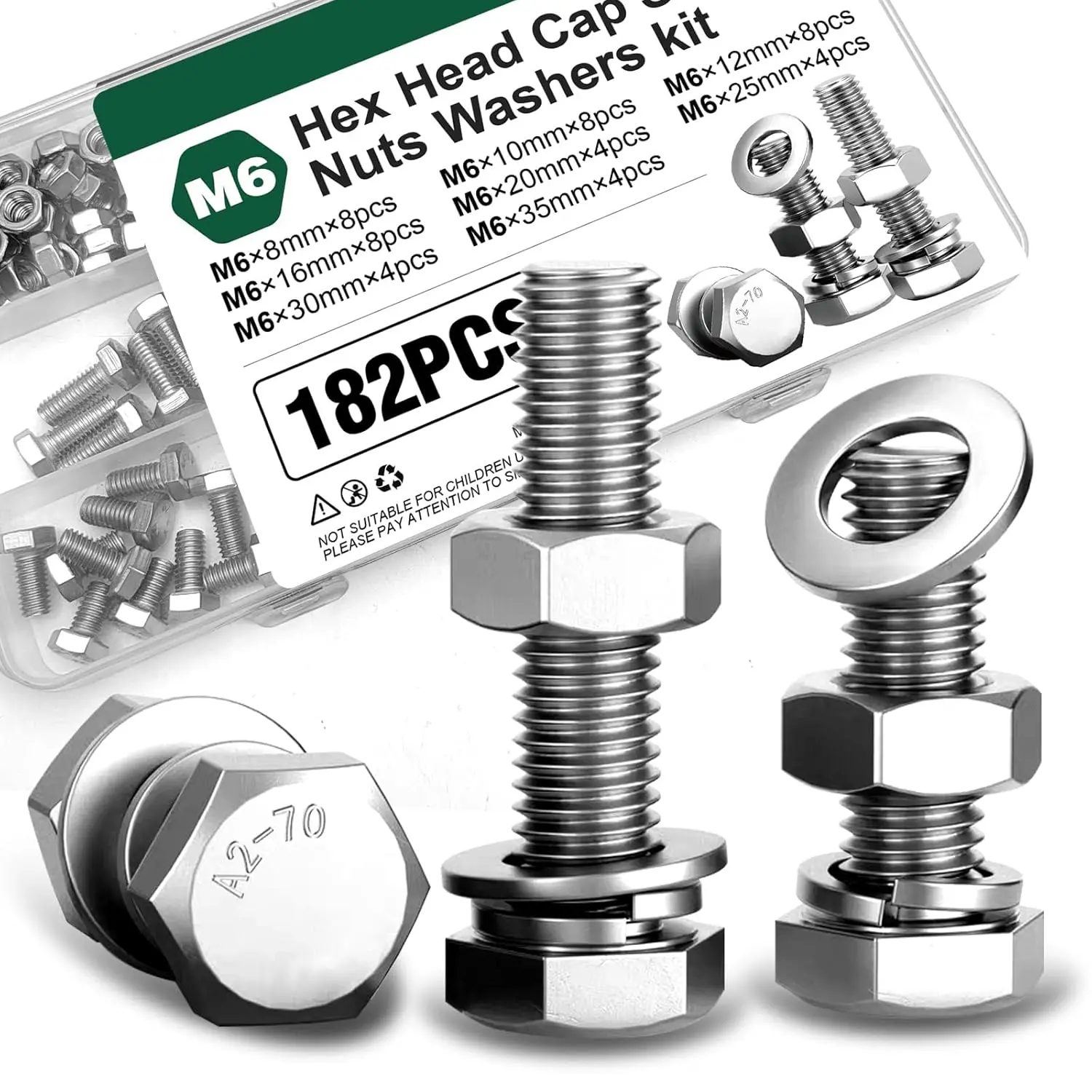 182 count M6 Nuts and   Kit, A2-70 Stainless Steel Hex  Cap Screws with Flat & Lock Washers, M6x8mm-35mm for Bikes, Furniture &  Modifications