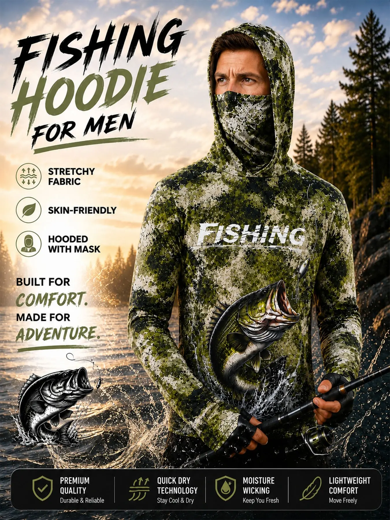 Men's Outdoor Hooded Fishing Jacket, Quick Dry Breathable Long Sleeve, UV Protection, Spring Summer Fall, Sporty Slim Fit, Outdoor Sports Outerwear