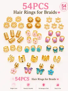 54pcs Floral Wave Hair Rings Set, Adjustable Alloy Hair Cuffs, Colorful Butterfly & Camellia Design, Vibrant Elegant Garden Style Hair Accessories