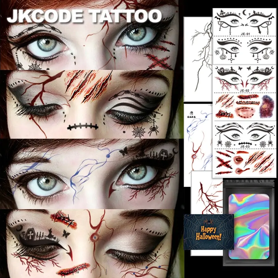 6 Sheets Halloween Eyeshadow Tattoo Kit | Halloween Temporary Tattoos With Horror Scar Tattoo Kit, Halloween Stickers Kit, Party Costume Accessory for Women, 3D Scar Pattern, Horror Costume Stickers For Party Favors