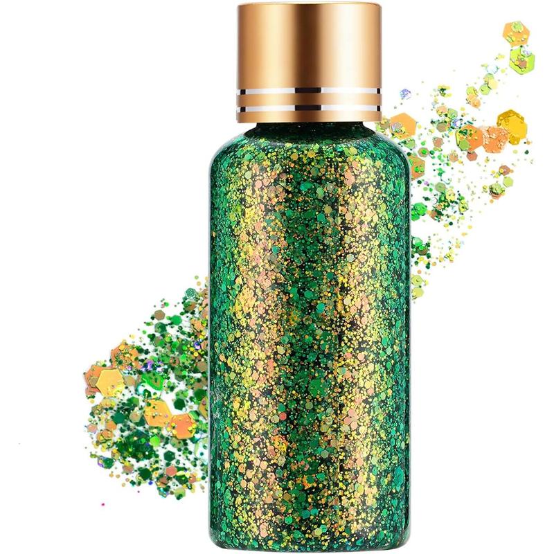 Green Gold Face Body Hair Glitter Gel for St. Patrick's Day Mardi Gras Festival Rave Accessories, Long Lasting Holographic Chunky Mermaid Sequins Glitter Gel Makeup for Women Men Kids, 1oz