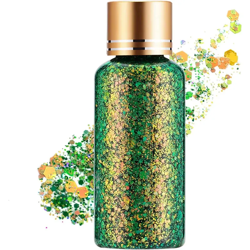 Green Gold Face Body Hair Glitter Gel for St. Patrick's Day Mardi Gras Festival Rave Accessories, Long Lasting Holographic Chunky Mermaid Sequins Glitter Gel Makeup for Women Men Kids, 1oz