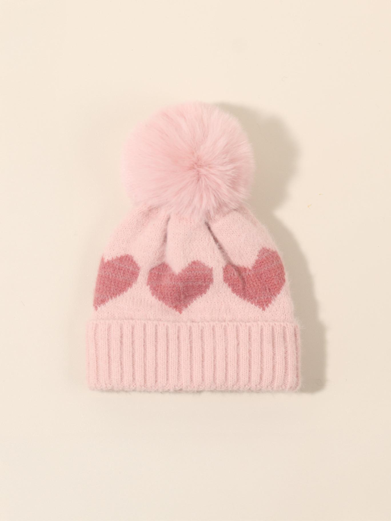 Newborn Knit Hat for Babies 1-3 Years Old, Heart Design Fuzzy Ball Beanie, Warm Winter Outdoor Cap, Casual Daily Commute Wear, Winter Skull Cap
