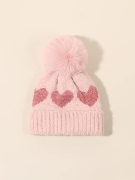 Newborn Knit Hat for Babies 1-3 Years Old, Heart Design Fuzzy Ball Beanie, Warm Winter Outdoor Cap, Casual Daily Commute Wear, Winter Skull Cap