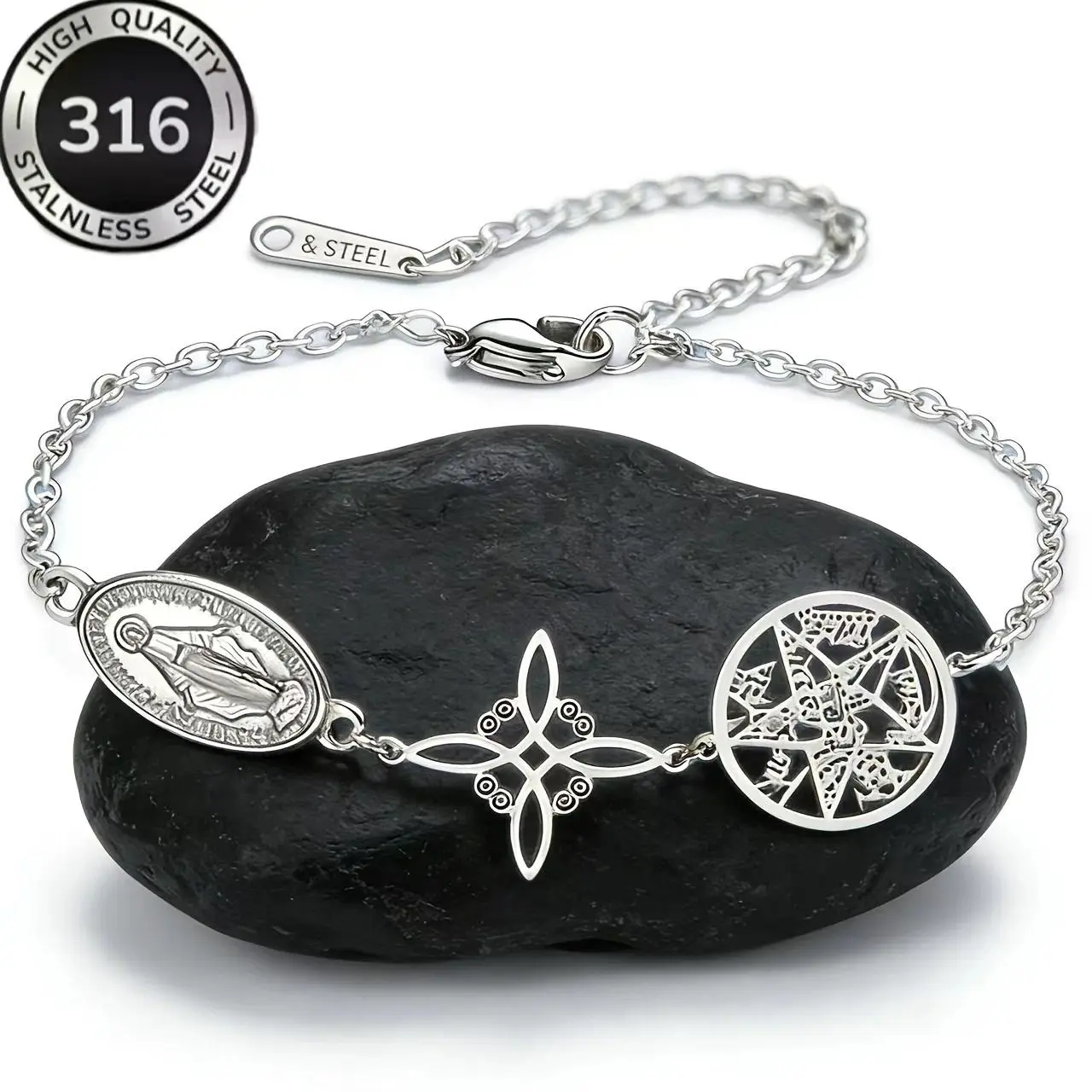 Stainless Steel Triple Protection Bracelet - Silver, Virgin Mary, Witch Knot, Pentagram, Tetragrammaton, Waterproof, Tight Welding Party Wear Costume Jewelry