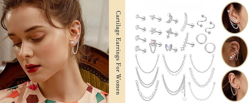Classic 24 Pcs Silvery Rose Golden Ear Studs for Women Men Diverse Stainless Steel Alloy Stud Earrings Shining CZ 20G Cartilage Chain Earrings Set Flat Back Earrings Small Hoop Earrings Dangle Cartilage Helix Tragus Piercing Jewelry