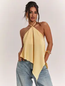 French Luxury Pale Yellow Satin Halter Neck Handkerchief Hem Cami Top Backless Loose Flowy Sleeveless Blouse ideal for casual chic coastal café dates boutique shopping rooftop dinners and elegant feminine summer daily matching looks