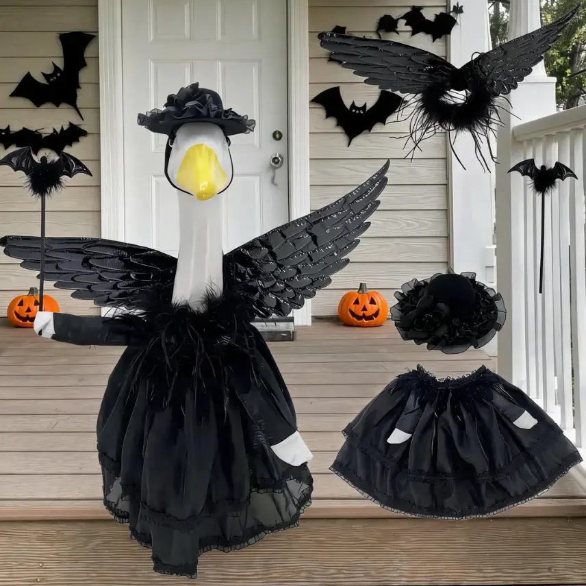 Gothic Goose Halloween Costume Set - 5-Piece Matching Ballet Clothes & Accessories, Black Swan Tutu Dress, Feather Wings, Bat Props, Headpiece, Fit for 23" Porch Pet Goose Statue