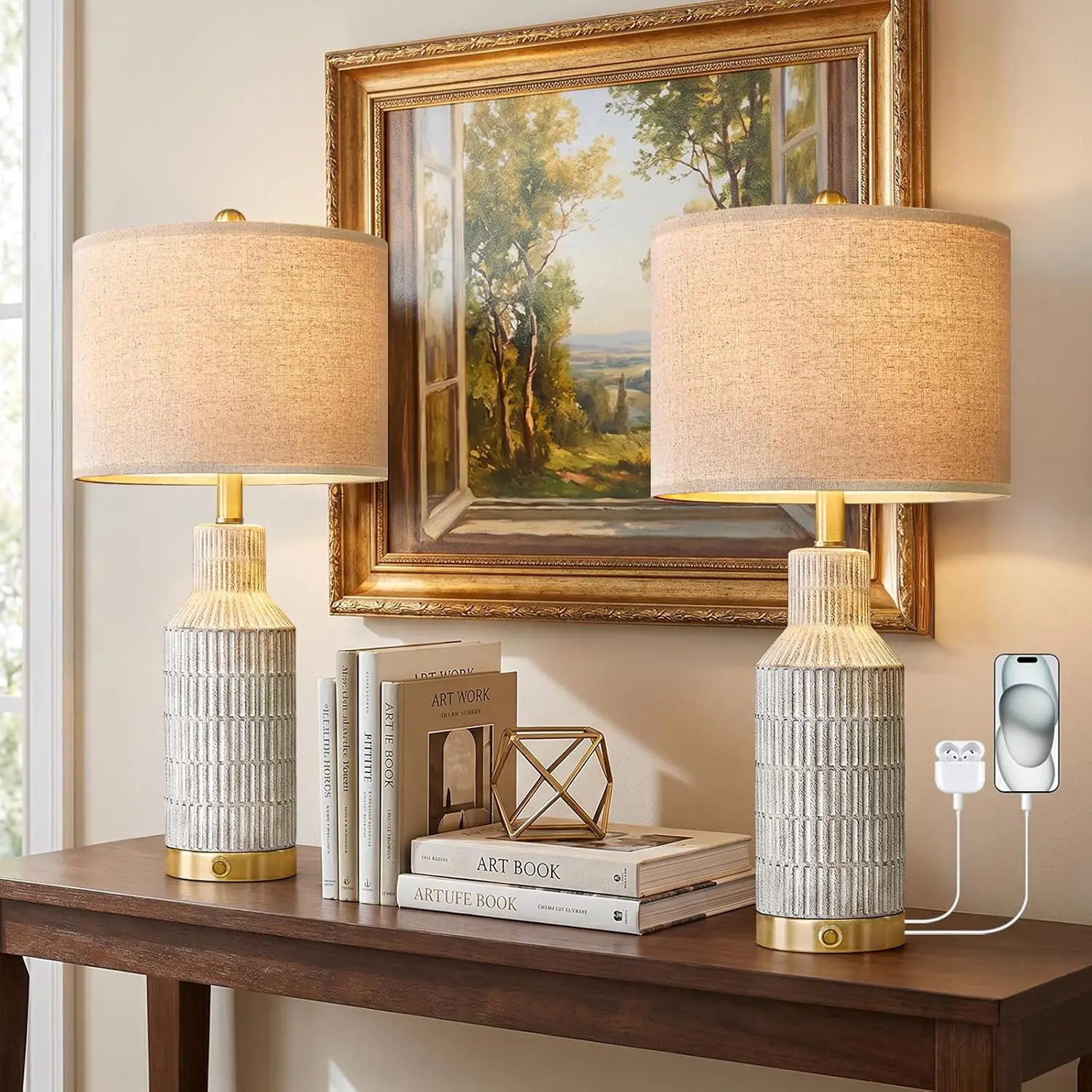 25" Modern 3-Way Dimmable  Control with USB A+C Ceramic Lamps Set of 2 Table Lamp for Living Room Bedroom  Nightstand Bedside Lamps (White-Washed)