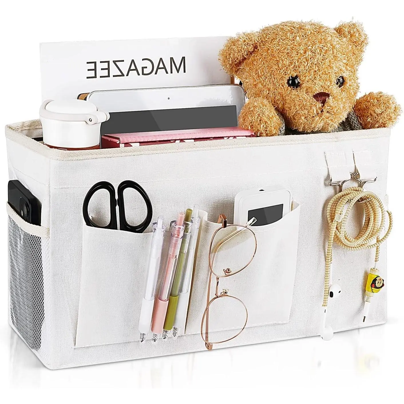 Bedside Caddy Organizer Hanging Storage Bag for Bunk Bed, White - Bedside Organizer with Magazine, Phone & Water Bottle Holder for College Dorm and Hospital BedsGift