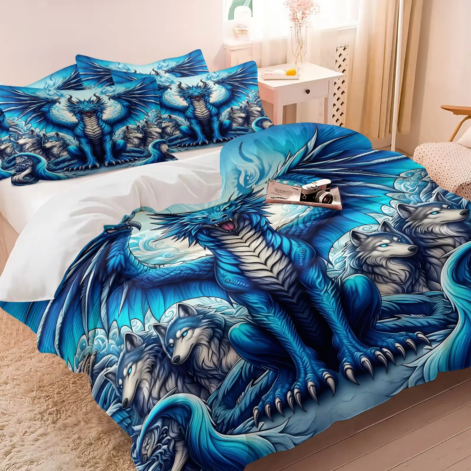 Ice Blue Dragon and Wolf Theme Duvet Cover Set, 1 Duvet and 1-2 Coreless Pillowcases, An Ice-Blue Giant Dragon with Spread Wings and Silver-Gray Wolves, Soft Breathable Bedding, Fantasy Dark Bedroom Decor