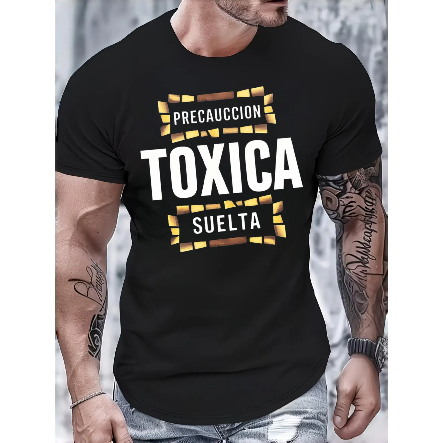 Casual Funny, Men's T-Shirt, Precaucion Toxica Suelta Graphic Tee, Summer Daily Wear, Gift For Boyfriend Husband Brother Friend